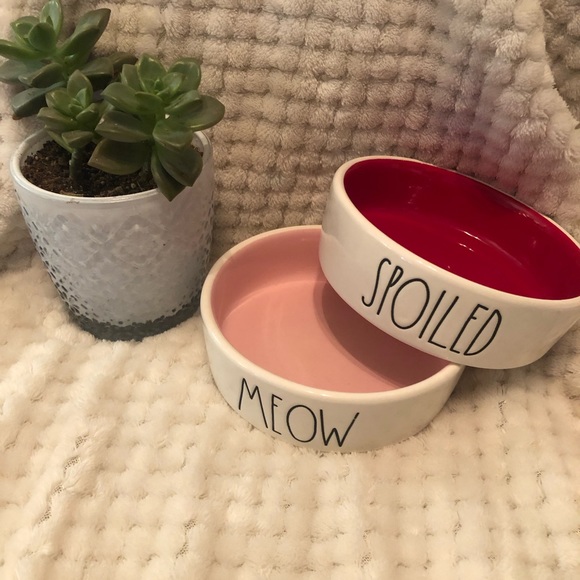 Rae Dunn Pink “Meow” & Red “Spoiled” Cat Bowl Set